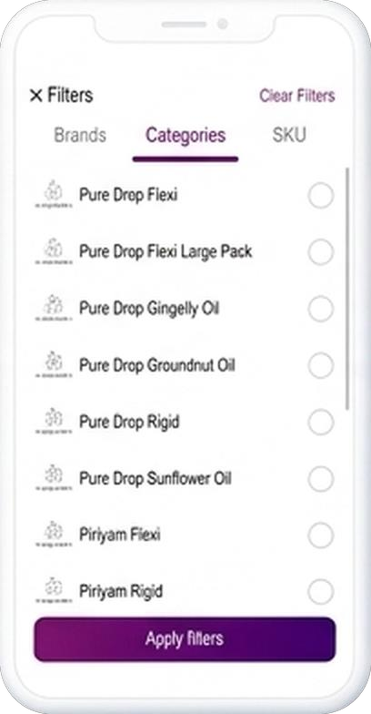 eRetail app product filters by brand and category